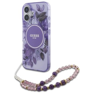 Etui Guess IML Flowers With Pearl Strap MagSafe na iPhone 16 - fioletowe