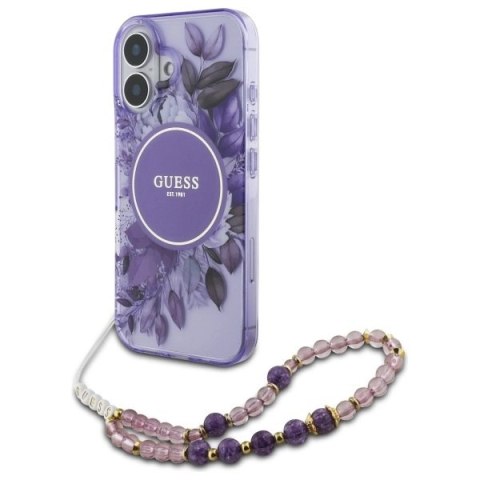 Etui Guess IML Flowers With Pearl Strap MagSafe na iPhone 16 - fioletowe