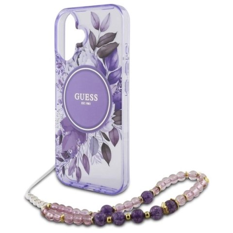 Etui Guess IML Flowers With Pearl Strap MagSafe na iPhone 16 - fioletowe