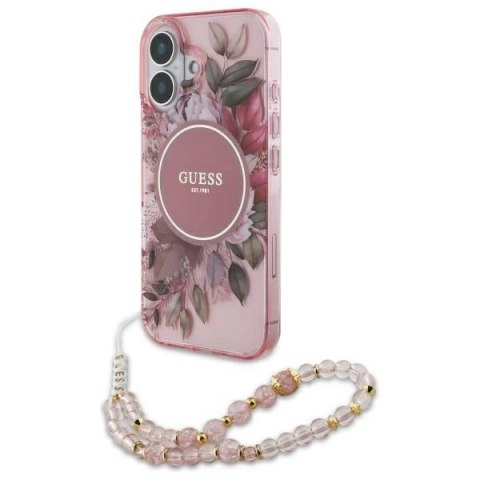 Etui Guess IML Flowers With Pearl Strap MagSafe na iPhone 16 - różowe