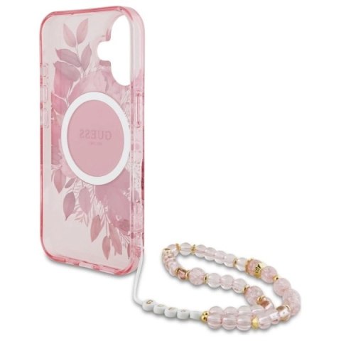 Etui Guess IML Flowers With Pearl Strap MagSafe na iPhone 16 - różowe