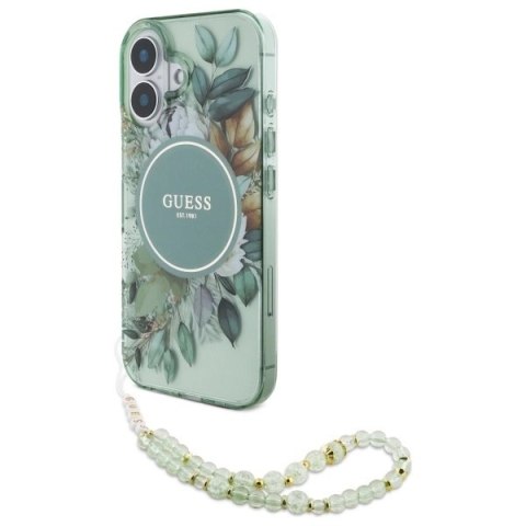 Etui Guess IML Flowers With Pearl Strap MagSafe na iPhone 16 - zielone
