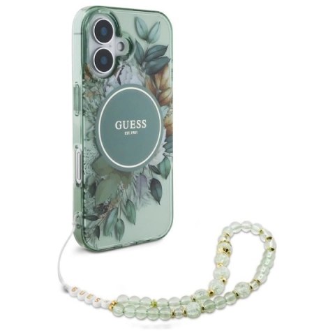 Etui Guess IML Flowers With Pearl Strap MagSafe na iPhone 16 - zielone