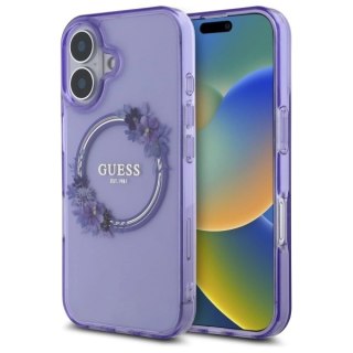 Etui Guess IML Flowers Wreath MagSafe na iPhone 16 - fioletowe