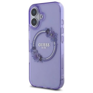 Etui Guess IML Flowers Wreath MagSafe na iPhone 16 - fioletowe