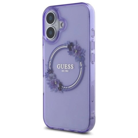 Etui Guess IML Flowers Wreath MagSafe na iPhone 16 - fioletowe