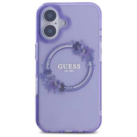 Etui Guess IML Flowers Wreath MagSafe na iPhone 16 - fioletowe