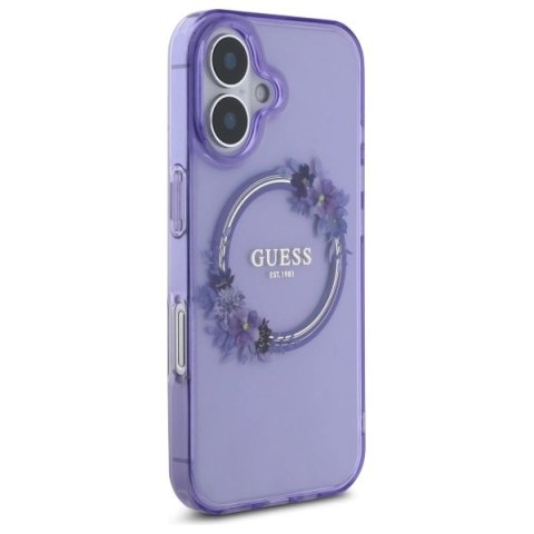 Etui Guess IML Flowers Wreath MagSafe na iPhone 16 - fioletowe