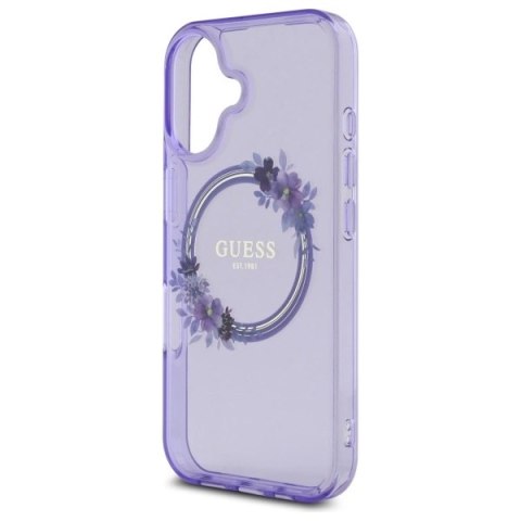 Etui Guess IML Flowers Wreath MagSafe na iPhone 16 - fioletowe