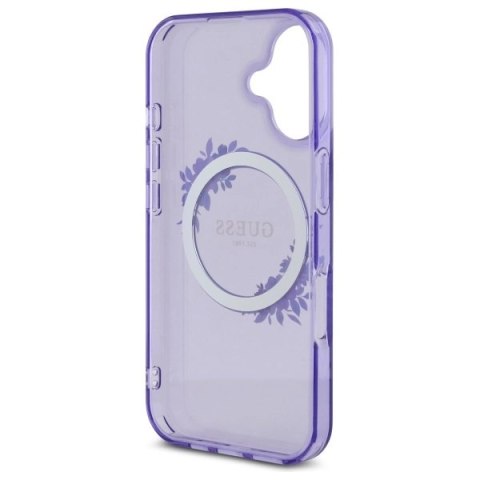 Etui Guess IML Flowers Wreath MagSafe na iPhone 16 - fioletowe