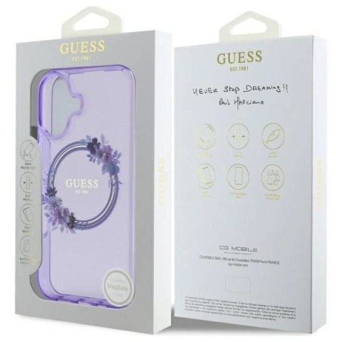 Etui Guess IML Flowers Wreath MagSafe na iPhone 16 - fioletowe