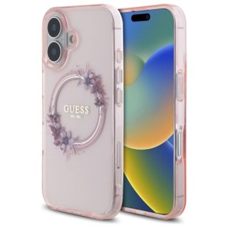 Etui Guess IML Flowers Wreath MagSafe na iPhone 16 - różowe