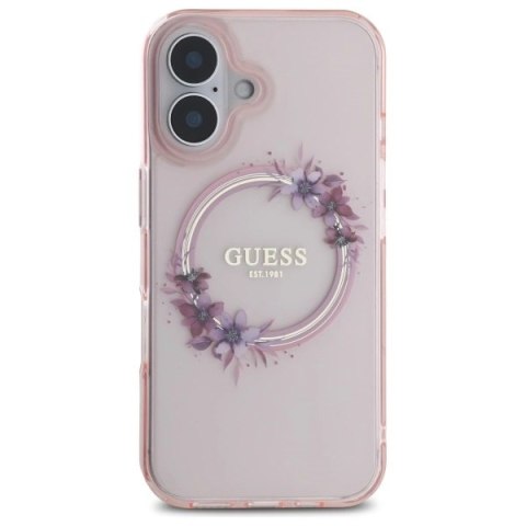 Etui Guess IML Flowers Wreath MagSafe na iPhone 16 - różowe