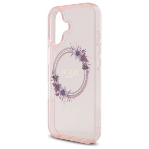 Etui Guess IML Flowers Wreath MagSafe na iPhone 16 - różowe