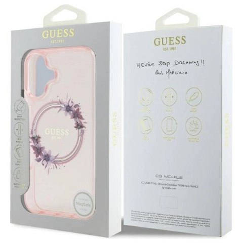 Etui Guess IML Flowers Wreath MagSafe na iPhone 16 - różowe