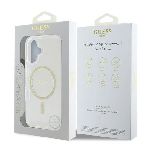 Etui Guess IML Glitter Circle MagSafe na iPhone 16 - przezroczyste