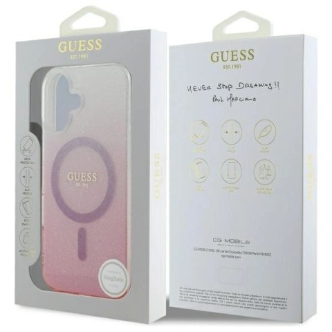 Etui Guess IML Glitter Gradient MagSafe na iPhone 16 Plus - różowe
