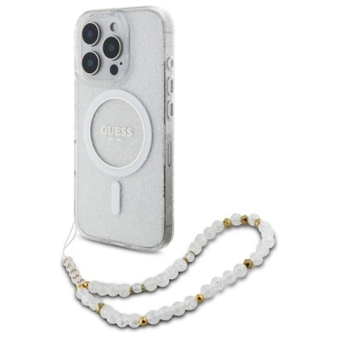 Etui Guess IML Glitter With Pearl Strap MagSafe na iPhone 16 Pro Max - przezroczyste
