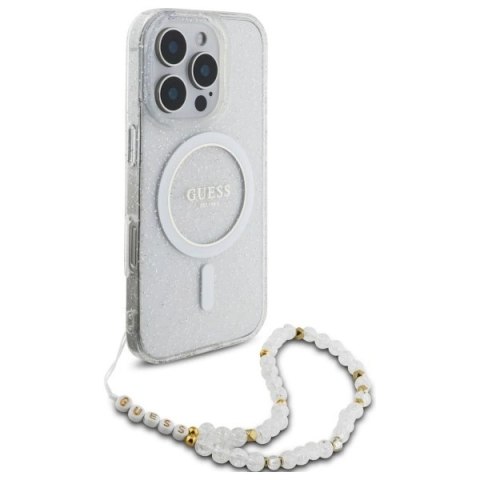 Etui Guess IML Glitter With Pearl Strap MagSafe na iPhone 16 Pro Max - przezroczyste