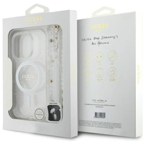 Etui Guess IML Glitter With Pearl Strap MagSafe na iPhone 16 Pro Max - przezroczyste