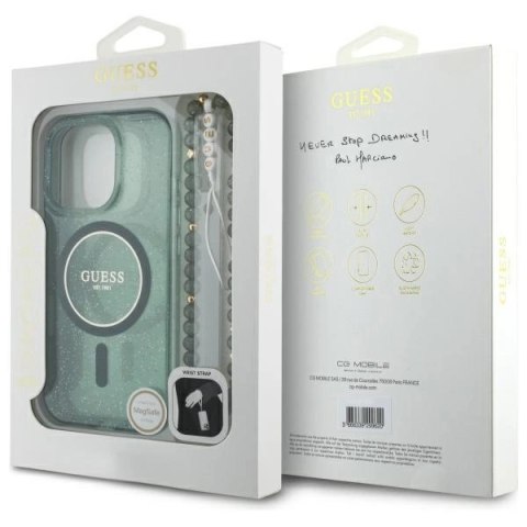 Etui Guess IML Glitter With Pearl Strap MagSafe na iPhone 16 Pro Max - zielone