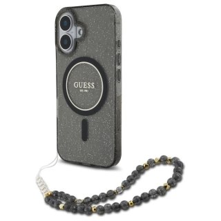 Etui Guess IML Glitter With Pearl Strap MagSafe na iPhone 16 - czarne