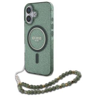 Etui Guess IML Glitter With Pearl Strap MagSafe na iPhone 16 - zielone
