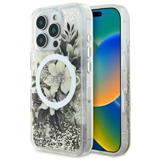 Etui Guess Liquid Glitter Flower MagSafe na iPhone 16 Pro Max - beżowe