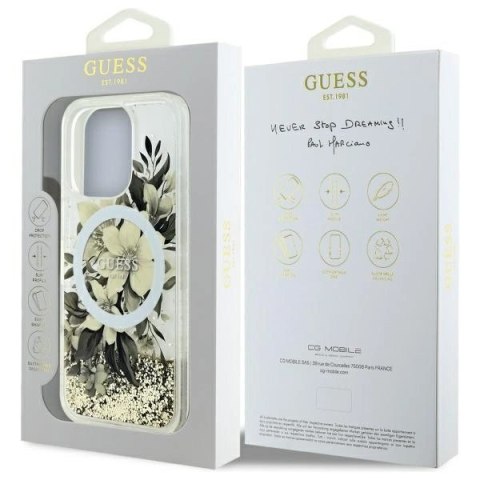 Etui Guess Liquid Glitter Flower MagSafe na iPhone 16 Pro Max - beżowe