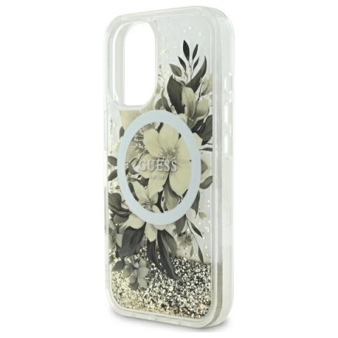 Etui Guess Liquid Glitter Flower MagSafe na iPhone 16 - beżowe