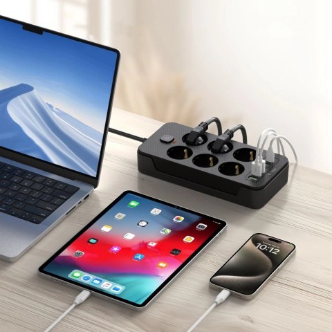 Listwa zasilająca Tech-Protect PC6X6 6 gniazd 240V + 3xUSB-A + 3xUSB-C 200cm - czarna