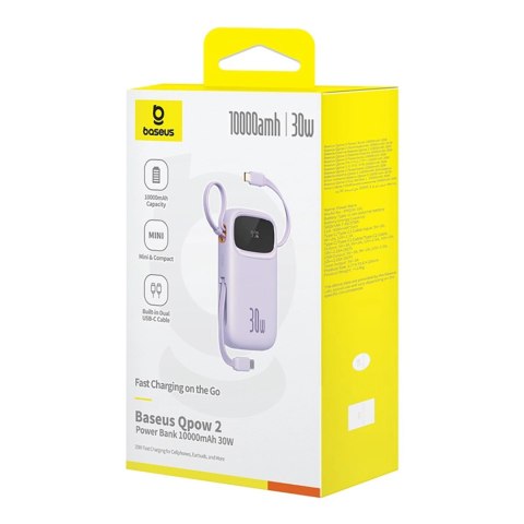 Powerbank Baseus QPow 2 30W 10000mAh z wbudowanymi kablami USB-C - fioletowy Powerbank Baseus QPow 2 30W 10000mAh z wbudowanymi kablami USB-C - fioletowy
