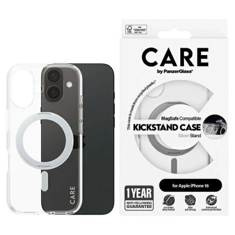 Etui CARE by PanzerGlass Feature Kickstand Case z MagSafe na iPhone 16 - srebrne Etui CARE by PanzerGlass Feature Kickstand Case z MagSafe na iPhone 16 - srebrne