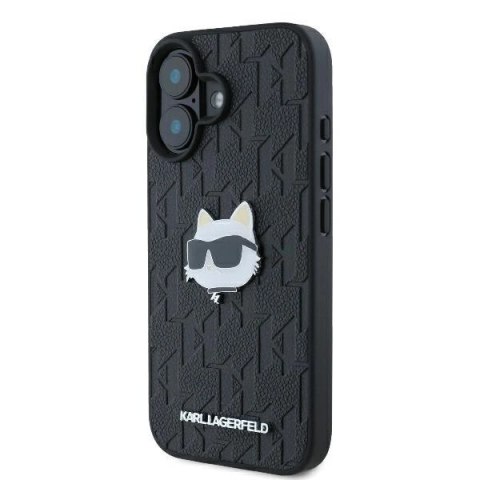 Etui Karl Lagerfeld Monogram Choupette Head Pin na iPhone 16 - czarne Etui Karl Lagerfeld Monogram Choupette Head Pin na iPhone 16 - czarne