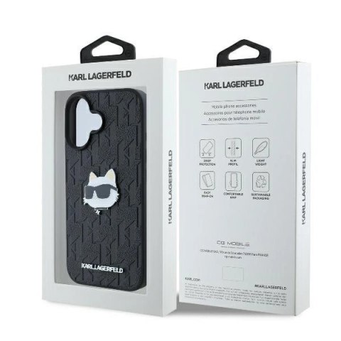 Etui Karl Lagerfeld Monogram Choupette Head Pin na iPhone 16 - czarne Etui Karl Lagerfeld Monogram Choupette Head Pin na iPhone 16 - czarne