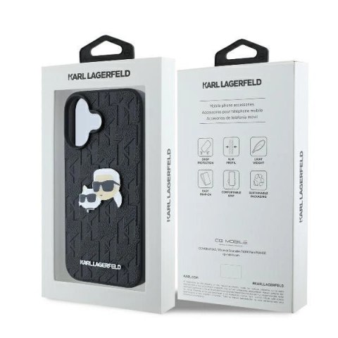 Etui Karl Lagerfeld Monogram Karl & Choupette Head Pin na iPhone 16 Plus - czarne Etui Karl Lagerfeld Monogram Karl & Choupette Head Pin na iPhone 16 Plus - czarne