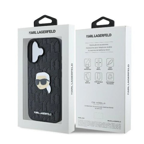 Etui Karl Lagerfeld Monogram Karl Head Pin na iPhone 16 - czarne Etui Karl Lagerfeld Monogram Karl Head Pin na iPhone 16 - czarne