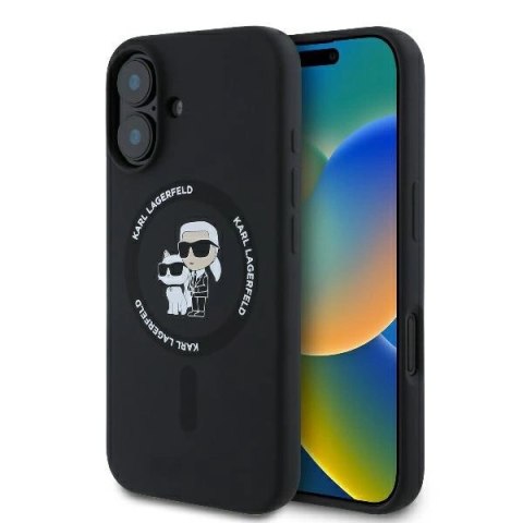 Etui Karl Lagerfeld Silicone Karl&Choupette Heads Ring MagSafe na iPhone 16 Plus - czarne Etui Karl Lagerfeld Silicone Karl&Choupette Heads Ring MagSafe na iPhone 16 Plus - czarne