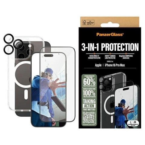 Zestaw PanzerGlass Bundle 3in1 etui przezroczyste + folia + szkło na aparat na iPhone 16 Pro Max Zestaw PanzerGlass Bundle 3in1 etui przezroczyste + folia + szkło na aparat na iPhone 16 Pro Max