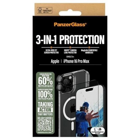 Zestaw PanzerGlass Bundle 3in1 etui przezroczyste + folia + szkło na aparat na iPhone 16 Pro Max Zestaw PanzerGlass Bundle 3in1 etui przezroczyste + folia + szkło na aparat na iPhone 16 Pro Max