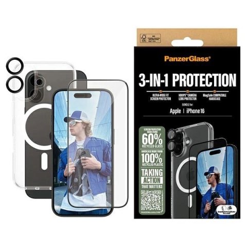 Zestaw PanzerGlass Bundle 3in1 etui przezroczyste + folia + szkło na aparat na iPhone 16 Zestaw PanzerGlass Bundle 3in1 etui przezroczyste + folia + szkło na aparat na iPhone 16