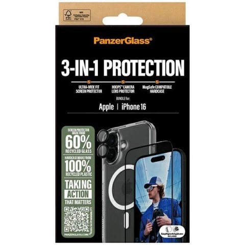 Zestaw PanzerGlass Bundle 3in1 etui przezroczyste + folia + szkło na aparat na iPhone 16 Zestaw PanzerGlass Bundle 3in1 etui przezroczyste + folia + szkło na aparat na iPhone 16