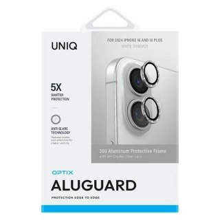 Szkło hartowane UNIQ Optix Aluminium Camera Lens Protector na aparat telefonu z aplikatorem do iPhone 16 / 16 Plus - białe