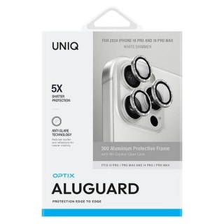 Szkło hartowane UNIQ Optix Aluminium Camera Lens Protector na aparat telefonu z aplikatorem do iPhone 16 Pro / 16 Pro Max - biał