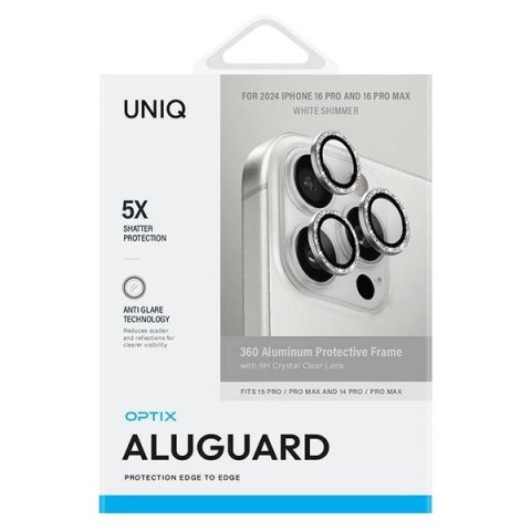 Szkło hartowane UNIQ Optix Aluminium Camera Lens Protector na aparat telefonu z aplikatorem do iPhone 16 Pro / 16 Pro Max - biał Szkło hartowane UNIQ Optix Aluminium Camera Lens Protector na aparat telefonu z aplikatorem do iPhone 16 Pro / 16 Pro Max - biał