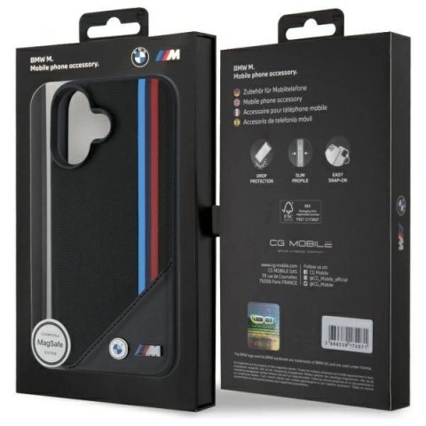 Etui BMW M Meshed Tricolor Stripes MagSafe na iPhone 16 - czarne Etui BMW M Meshed Tricolor Stripes MagSafe na iPhone 16 - czarne