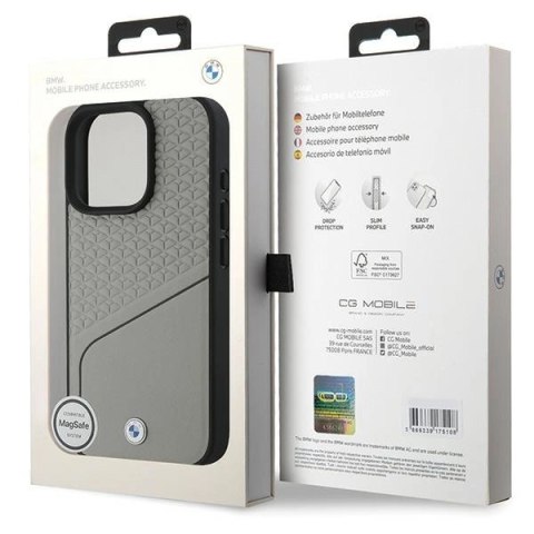 Etui BMW Sign Leather Textured and Line MagSafe na iPhone 16 Pro - szare Etui BMW Sign Leather Textured and Line MagSafe na iPhone 16 Pro - szare
