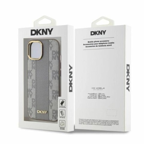 Etui DKNY Leather Checkered Mono Pattern MagSafe na iPhone 14 - beżowe Etui DKNY Leather Checkered Mono Pattern MagSafe na iPhone 14 - beżowe