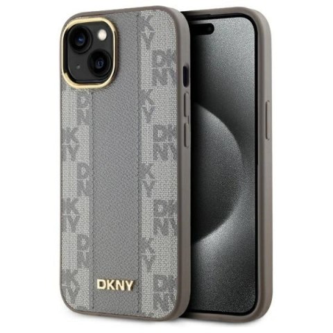 Etui DKNY Leather Checkered Mono Pattern MagSafe na iPhone 15 Plus - beżowe Etui DKNY Leather Checkered Mono Pattern MagSafe na iPhone 15 Plus - beżowe