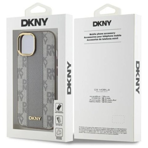 Etui DKNY Leather Checkered Mono Pattern MagSafe na iPhone 15 Plus - beżowe Etui DKNY Leather Checkered Mono Pattern MagSafe na iPhone 15 Plus - beżowe